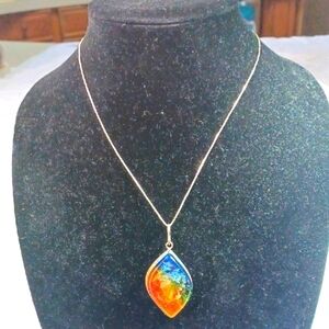 Sterling Silver 925 Necklace /W Multi Color Pendant 22 Long
